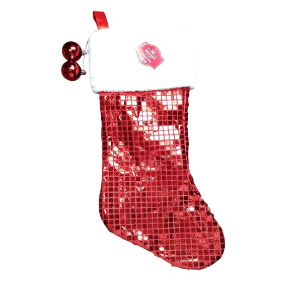 Holiday Time 19 inch Red and White Disco Bling Christmas Stocking With Ornaments - Picture 1 of 4